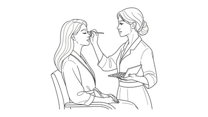 Young woman applying makeup to another woman s face with a brush in a simple line drawing sketch