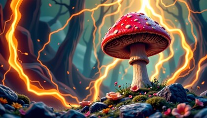 An enchanting scene set in a mystical forest with ancient trees that stretch upwards into the misty sky