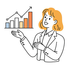A businesswoman with short orange hair presents a bar graph showing growth, she is wearing a white jacket and smiling