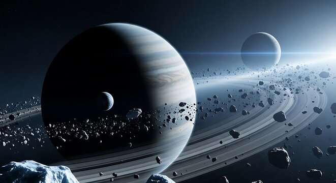 A breathtaking view of a ringed planet with moons and asteroids, illuminated by a distant star, showcasing the beauty of space exploration