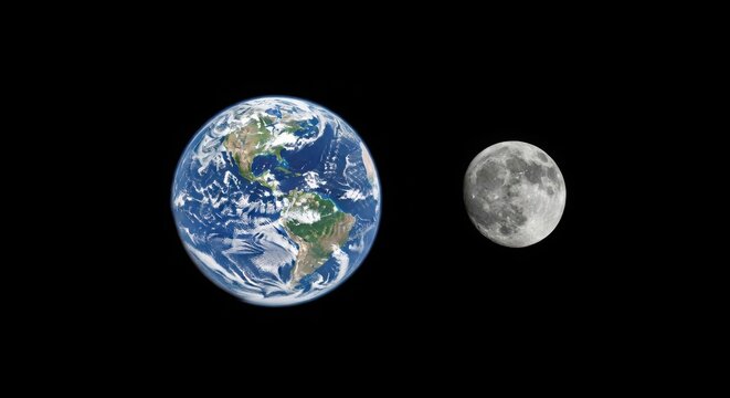 An astronomy image of the blue planet Earth and its moon in the blackness of space, with clouds and continents visible on the rotating globe
