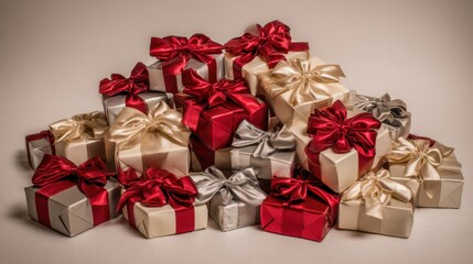 Obraz premium Colorful Gifts Wrapped with Red and Gold Ribbons for Celebration