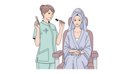 Artist applying makeup to a woman sitting in a chair wearing a robe and towel on her head