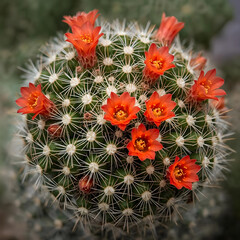Rebutia cactus cluster, small round green bodies, covered with fine spines, blooming vibrant orange-red flowers all over, macro botanical photography