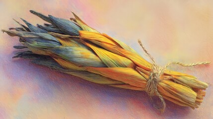 Colorful bundle of dried grasses and wheat on a soft background