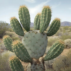 Opuntia cactus (Prickly pear), flat oval pads stacked like bunny ears, small spines, desert background, macro botanical style