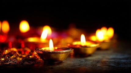 A row of lit oil lamps with bright flames creates a warm and sacred atmosphere, symbolizing light, hope, and faith,