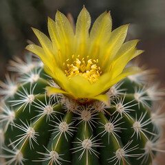 Parodia cactus, small spherical green body, thin white spines, blooming bright yellow flower on top, detailed botanical macro