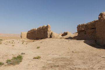 Ancient mud brick ruins in a dry desert landscape in Balkh Province of northern Afghanistan