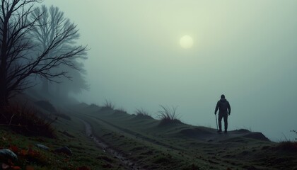 This image captures a solitary figure navigating through a misty, foggy landscape