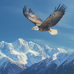 Fototapeta premium Majestic Eagle in Flight Above Snowy Mountains: A breathtaking depiction of an eagle soaring effortlessly against a backdrop of majestic, snow-capped mountains and a clear, blue sky.