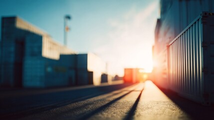 Fototapeta premium Sunrise or sunset at a logistics hub with aligned shipping containers, tire tracks on the ground,