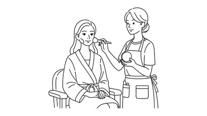 Professional makeup artist applying blush to a young woman s cheeks in a salon setting with a clean white background