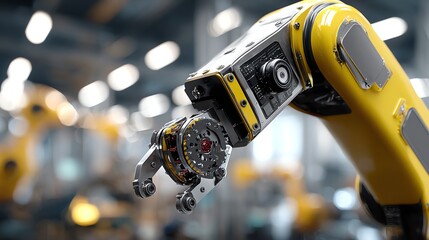 A close-up view showcases a yellow robotic arm in a modern industrial setting, highlighting the precision and power of automated manufacturing processes and technology.