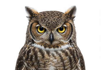 Obraz premium A close-up portrait of a Great Horned Owl with striking yellow eyes, brown and white feathers, gazing directly at the viewer.