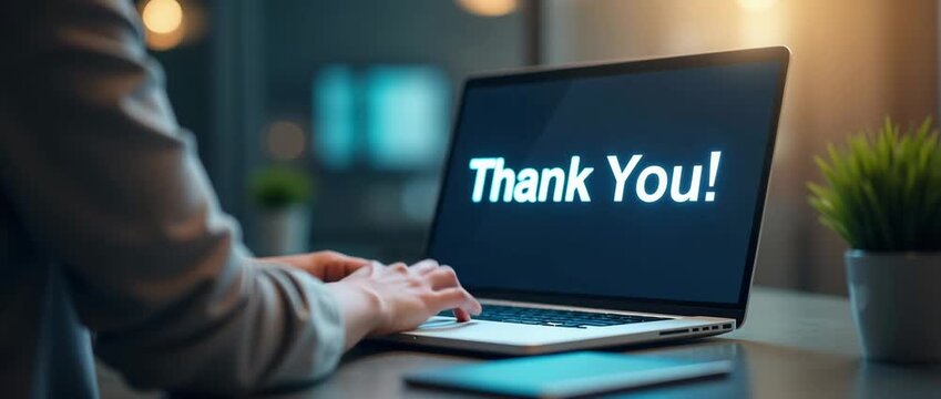 Businesswoman using laptop working online with 'Thank You!' message on screen, symbolizing congratulations and business success, with empty space on the left side.