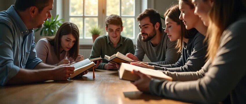 Christian Friends Group Studying the Bible Together at Home: A Sunday School Concept with Prayer and Fellowship in Focus