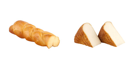 Smoked Turkish cheeses including braided and Circassian wedges, arranged in minimal duo layout on white background, emphasizing smoky artisanal texture.