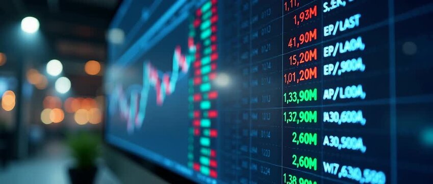 Stock market data displayed in a table format on a large screen with lights and blurred background concept as Stock market data displayed in a table format on a large screen with lights and blurred ba