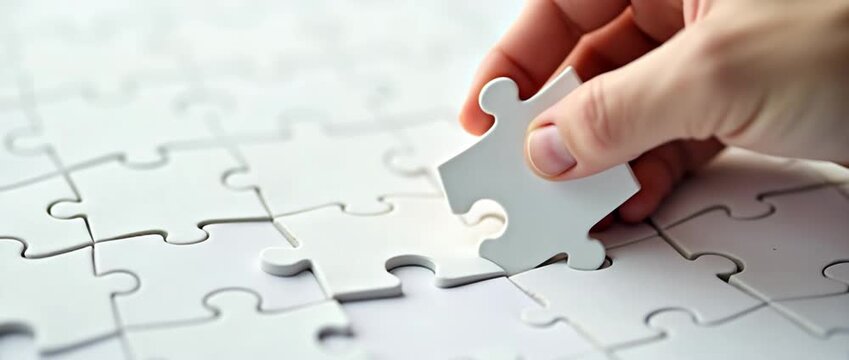 Piece of white jigsaw puzzle being filled by hand symbolizing success and completion concept in creative context. concept as White jigsaw puzzle piece being placed by hand symbolizing success and comp