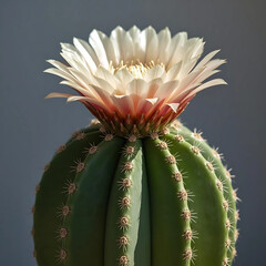 Echinopsis cactus, round green body with ridges, large white and pink flower blooming dramatically, close-up photography, natural daylight