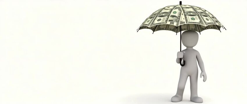 Photo realistic as Person with Money Parasol concept as A person holding a parasol made of money set against a blank background providing ample space for text or graphics symbolizing wealth and elegan
