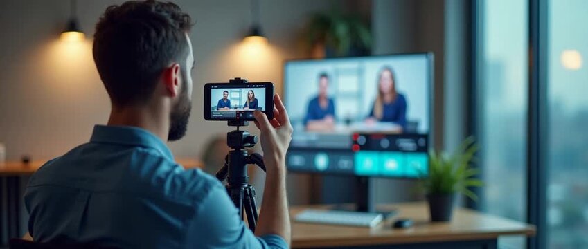 Photo realistic as Social media manager conducting a live stream event concept as A social media manager in a modern office conducting a live stream event using a smartphone and tripod highlighting re