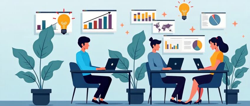 Photo realistic vector illustration of a sales team collaborating on lead generation strategy using laptops and digital tools, showcasing teamwork with an 8 color palette.