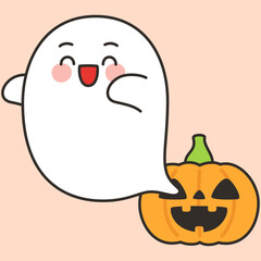 Cheerful Halloween Ghost with Jack O Lantern Cartoon