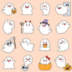 Cute Halloween Ghost Character Vector Set on Peach Background