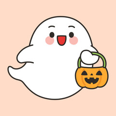 Cute Halloween Ghost Holding Pumpkin Bucket Cartoon