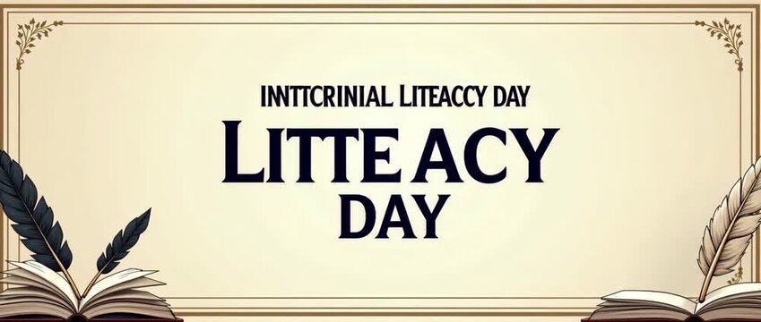 Elegant International Literacy Day Border Frame with Open Books & Quill Pens - Perfect for Messages & Quotes, Ample Copy Space on Left Side, Beautifully Designed