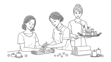 Three women in a beauty salon setting one receiving a manicure another performing it and a third holding a tray of beauty products