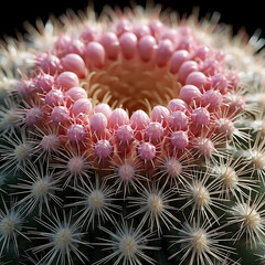 Mammillaria cactus cluster, small round bodies covered with soft white spines, crown of small pink flowers around the top, macro photography, bright natural light