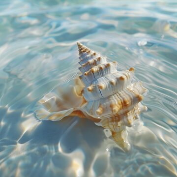 Shell's underwater Realm: A detailed view of a spiral shell gracefully submerged in transparent water with delicate ripples, exuding a sense of serenity and the secrets of the ocean. 