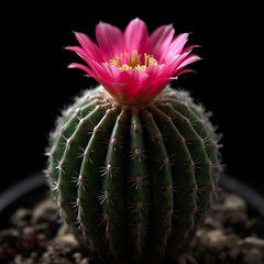 Gymnocalycium cactus, round shape with dark green body, ribbed structure, blooming pink flower, macro botanical photography, high detail