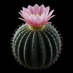 Gymnocalycium cactus, round shape with dark green body, ribbed structure, blooming pink flower, macro botanical photography, high detail