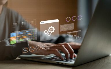 AI automation workflow and project management concept with digital dashboard, charts, and coding interface, showing intelligent task scheduling, analytics, and business productivity optimization.