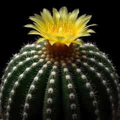 A close-up of Astrophytum cactus, spherical body with white dotted star-like patterns, 8 ribs, blooming yellow flower on top, studio lighting, ultra detailed, botanical photography style