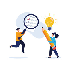 Analyzing checklist items through magnifying glass with lightbulb innovation concept illustration