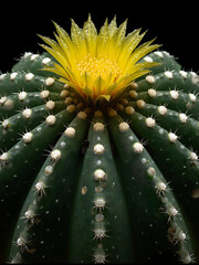A close-up of Astrophytum cactus, spherical body with white dotted star-like patterns, 8 ribs, blooming yellow flower on top, studio lighting, ultra detailed, botanical photography style