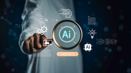 Fototapeta premium AI agents driving data-driven exploration, intelligent automation, and digital innovation for business transformation, smart analytics, and future technology solutions.