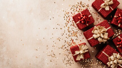 Obraz premium Festive Red Gift Boxes with Gold Ribbons on Sparkling Background