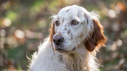 Portrait of an english setter dog with white and brown fur looking thoughtfully into the distance outdoors