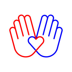 Obraz premium Two hands forming heart shape line icon. Symbol of unity, respect and cooperation. Represents togetherness, cooperation, volunteering, humanitarian aid. Love, diversity concept. Vector illustration.