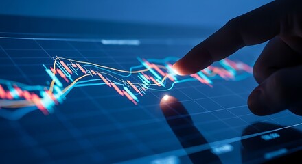Closeup of a finger touching a digital screen displaying a stock market chart, representing financial analysis and investment trends