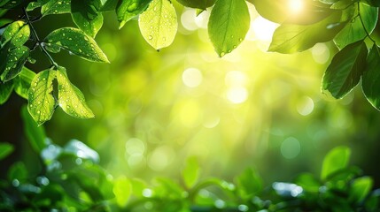 Bright sunlight shining through green leaves creating a bokeh effect in a forest canopy view