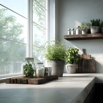 Kitchen Sanctuary: A serene kitchen scene, bathed in natural light, showcases a wooden countertop adorned with fresh herbs, jars, and a cutting board, evoking a sense of calm and culinary inspiration.