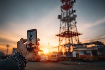 Naklejka premium Mobile phone capturing sunset view of telecommunication tower