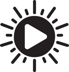 Play button in shining sunburst shape silhouette, creative vector design for media, energy, light, and celebration themes.